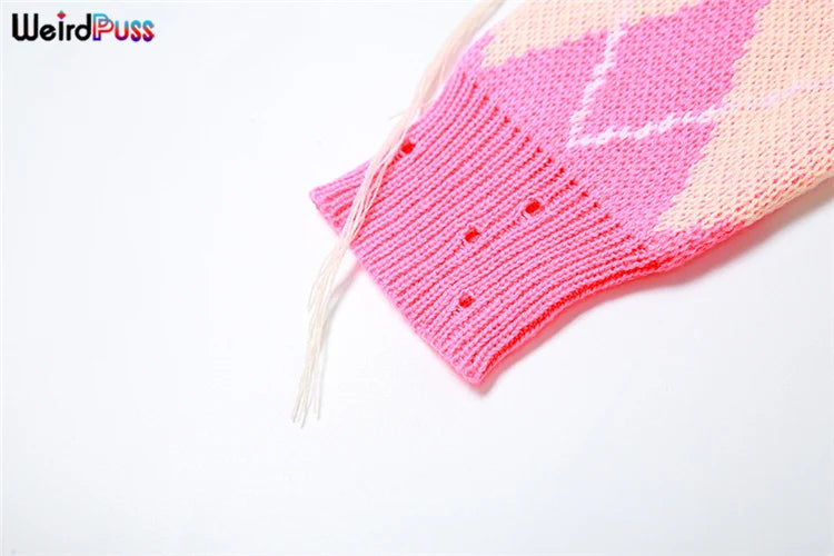 Weird Puss Sweater Women 2 Piece Set Hipster Tassel Plaid Cardigan Tops+Mini Shorts Stretch Autumn Trend Matching Street Outfits