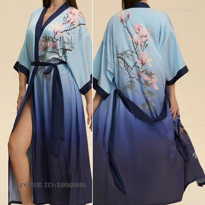 Plus Size Print Flower Long Robe Kimono Gown New Female Sleepwear Bathrobe Home Dress Loose Silky Satin Night Clothes Loungewear