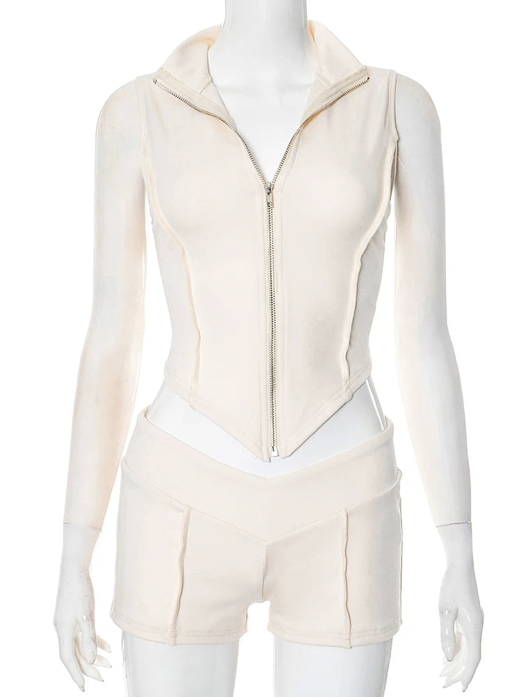 Weird Puss Lines Patchwork 2 Piece Set Women Zipper Cardigan Irregular Crop Top+Skinny Peach Hip Shorts Simple Sporty Streetweas