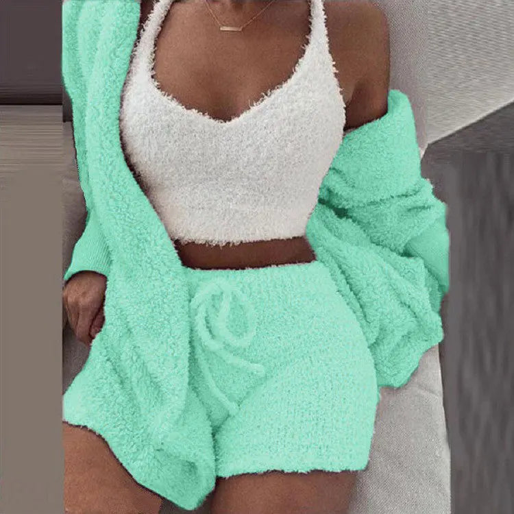 Fluffy Pajamas Set for Women Casual Sleepwear Tank Top and Shorts Plus Size Hoodie Leisure Homsuit Winter Teddy 3 Pieces Pijamas