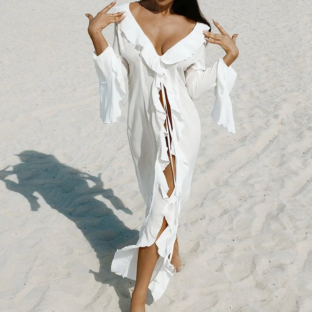 Fashion V Neck Summer Beach Cover Up Ruffled Loose Beach Dress Long Sleeve Vacation Swimsuit Cover Up Dress for Women