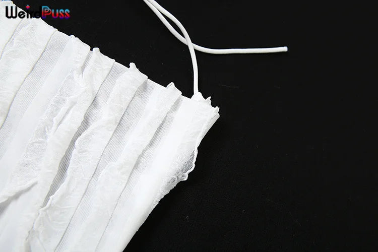 Weird Puss Ruffles Women Sexy 2piece Set See Through Low-Neck Camisole+Peach Hip Skirts Vacation Midnight Clubwear Matching Suit