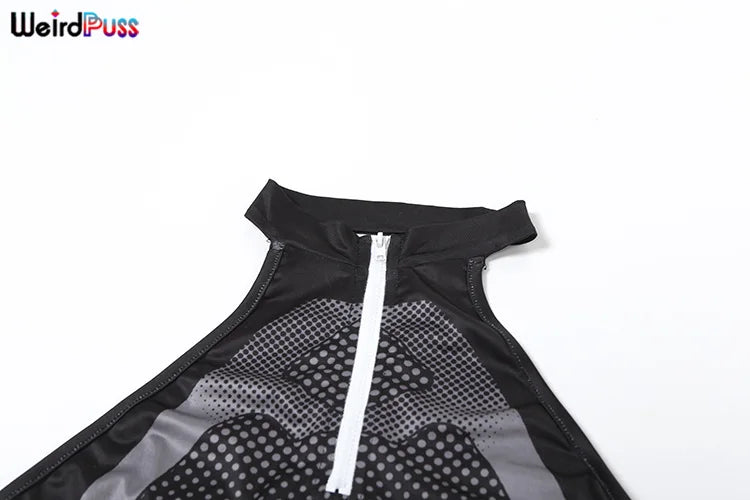Weird Puss Halter Hollow Bodysuit Woman Summer Backless Straps Zipper Sexy Print Wild Fashion Trend Streetwear Skinny Clubwear