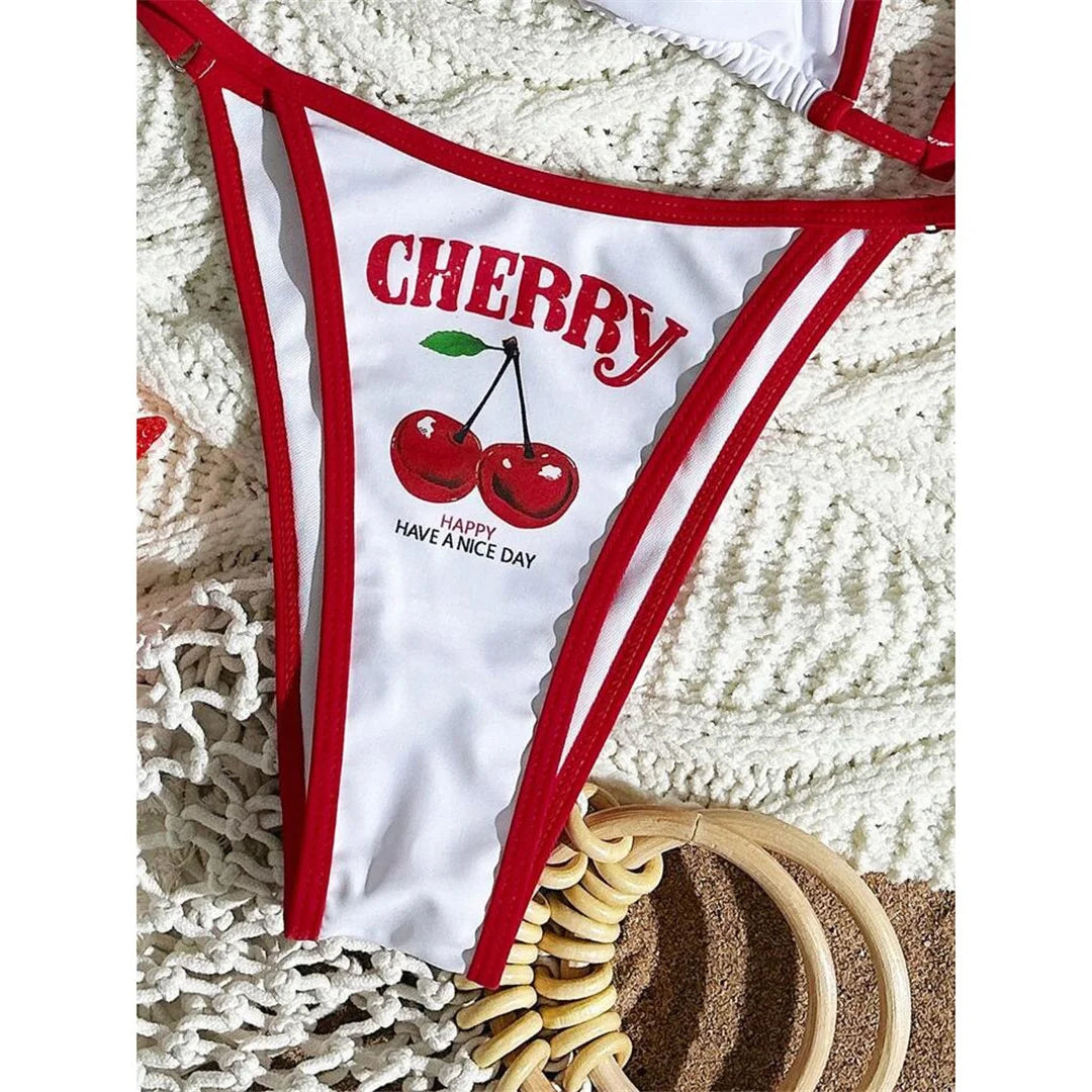 XS - L Cherry Printed Short Sleeve Bikini, Swimsuit,  Swimwear Three-pieces Bikini set Bather Bathing Suit Swim V6854