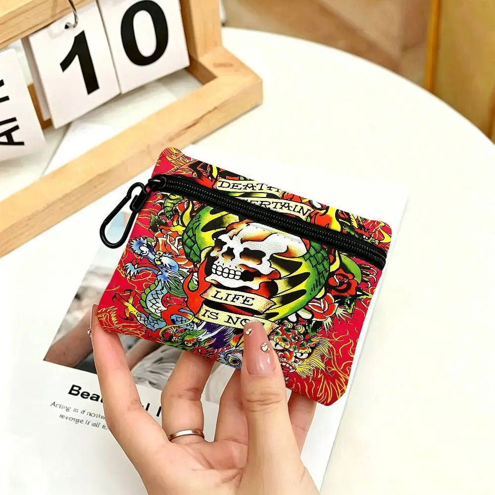 Fashion Brand E-Ed H-Hardy White Oxford Cloth Zipper Coin Purse Lightweight Hanging Key Pouch Card Holder For Daily Use