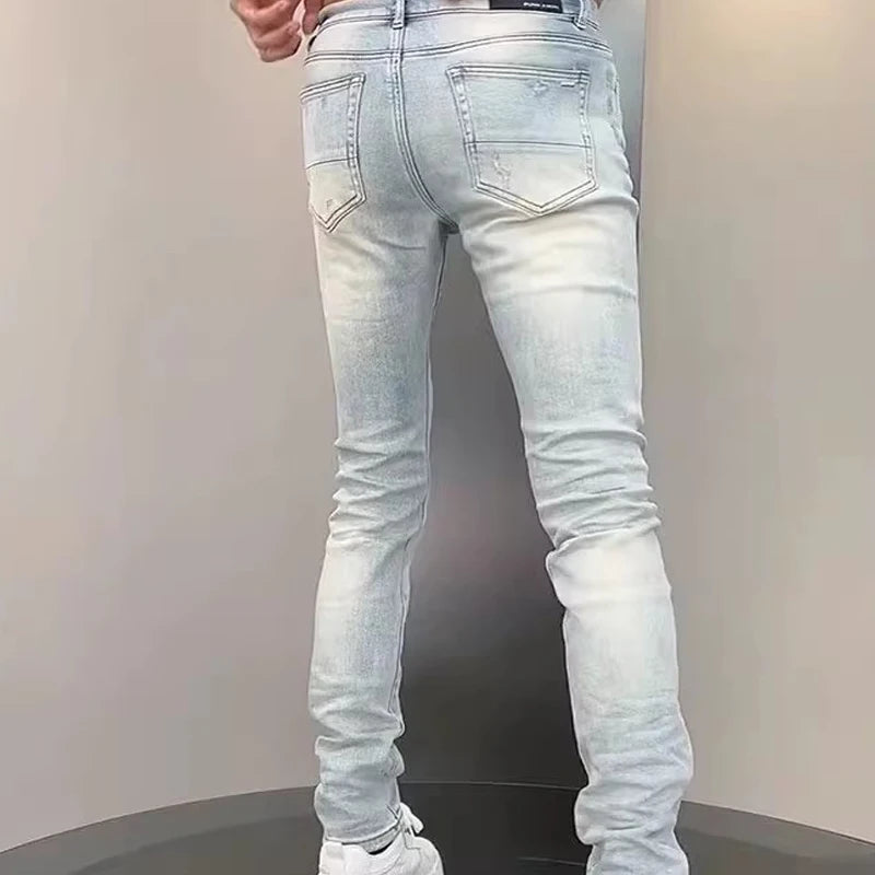 2025 Spring New Ripped Hole Denim Man's Pants Washing Light Blue Hip Hop Slim Fit  Men's Trousers High Street Blue beggar Jeans