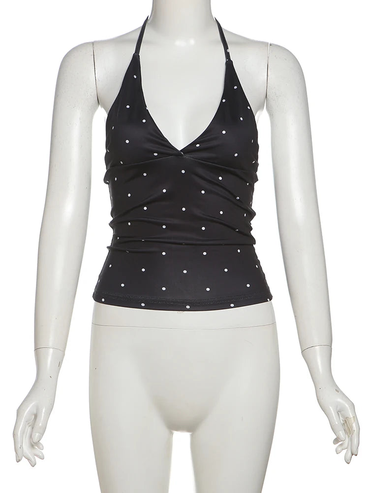 Weird Puss Polka Dot Print Tank Tops Women V-Neck Halter Lace-Up Backless Sleeveless Skinny Sexy Daily Street Summer Basic Vest