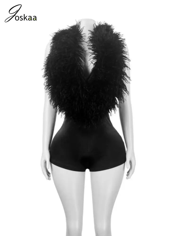 Joskaa Women's Sexy Faux Fur Romper Halter Deep V Backless Activity Workout Fit Skinny Playsuits Holiday Club Rompers S-XXL