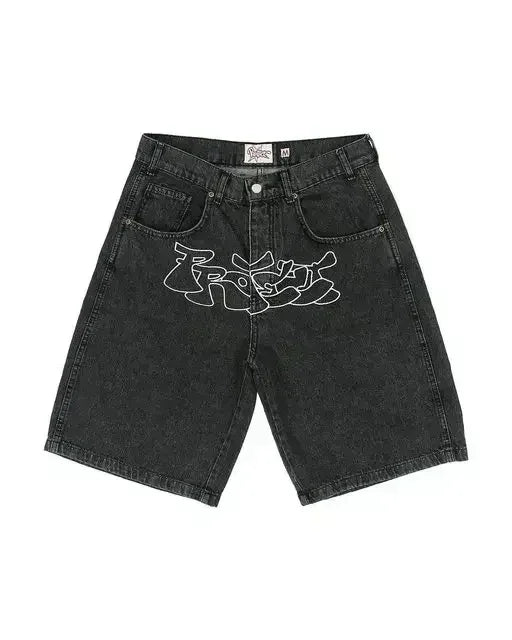 Female Streetwear Retro Patchwork Shorts Y2K Jeans Cartoon Embroidery Shorts Low Waist Over The Knee Pants Casual Shorts