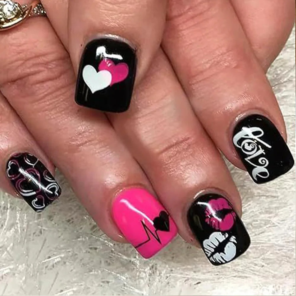 Y2K Girls Black French Fake Nails 24Pcs Short Square Press On Nails Pink Love Heart/Dot Printed Valentine's Day Charm Manicure