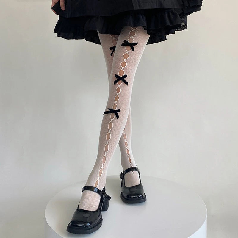 Sexy Lace Bow Patchwork Stockings Women Bodycon Elastic See Through Slim Pantyhose Party Club Sexy Y2K Hollow Out Tights Ladies