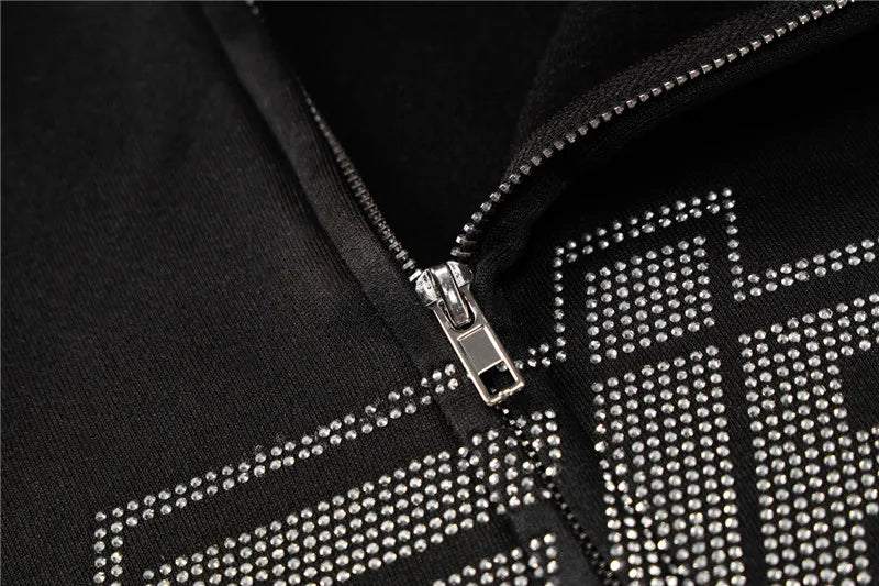 Y2K Zip Rhinestone Women Hoodie 2025 Oversized Hoodies E-girl Goth Punk Jacket Long Sleeve White Sweatshirts Trend Streetwear