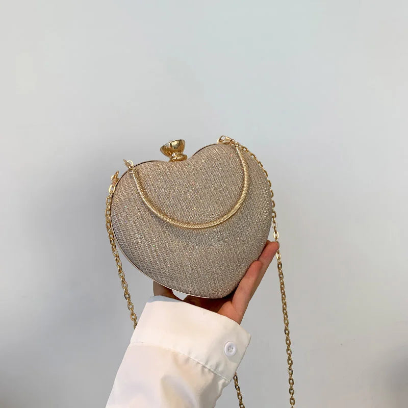 Evening Clutch Bag For Women Shiny Heart Shape Metal Clutch Chain Shoulder Purse