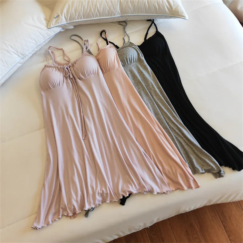 Sexy Nightgown Women Sling Night Dress Chest Pad Sleepwear Nightshirt Modal Ladies Slim Nightwear Casual Home Sleep Shirt