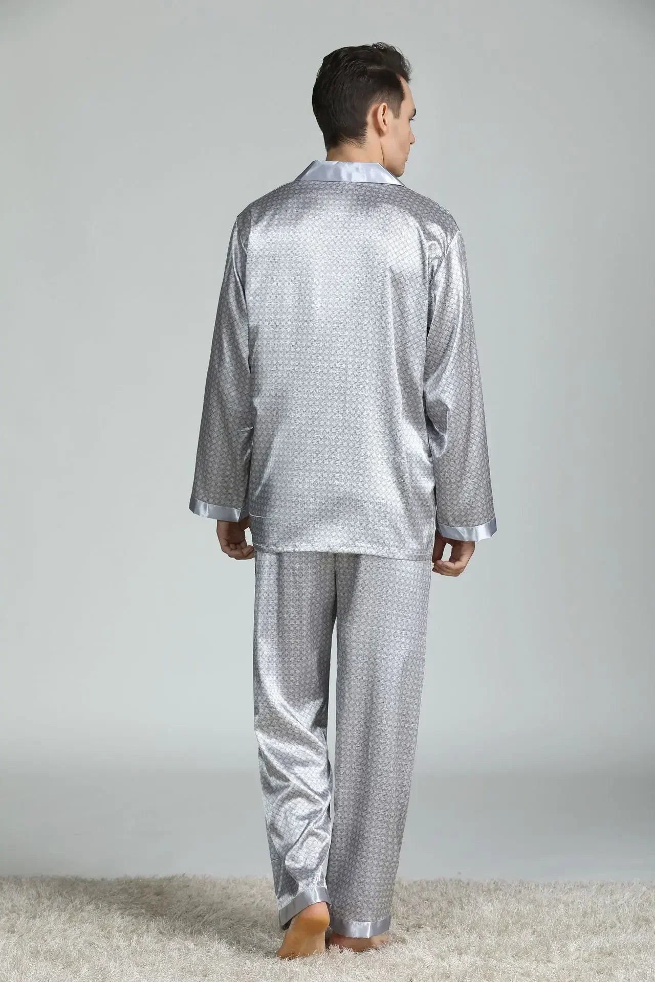 Silk Satin Pajamas for Men Sleepwear Cozy Soft Print Long Sleeve Nightgown Tops + Trousers Two Pieces Mens Pajama Set