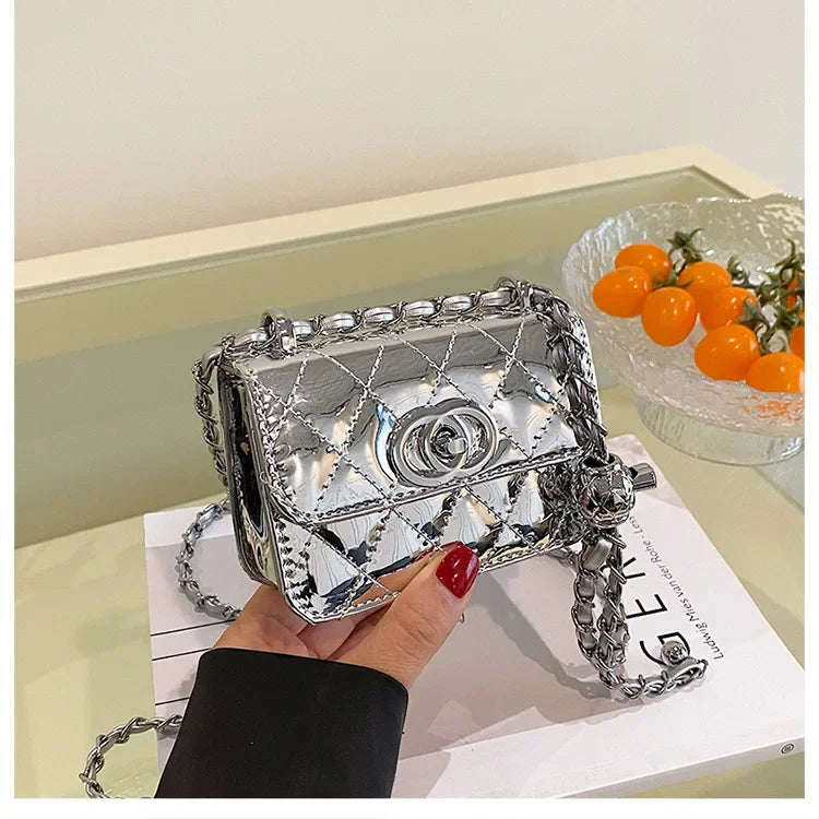2025 New Arrival Eye - Catching Laser - Patent Mini Crossbody with Gleaming Glossy Chain Strap, Convenient Lipstick Holder