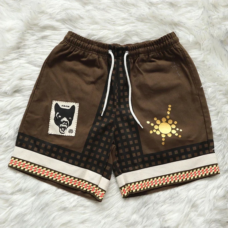 Cactus Jack Shorts Fashion Casual  Loose Color Blocking Patch Black Drawstring Elastic Waist Shorts Men Women Streetwear Pants