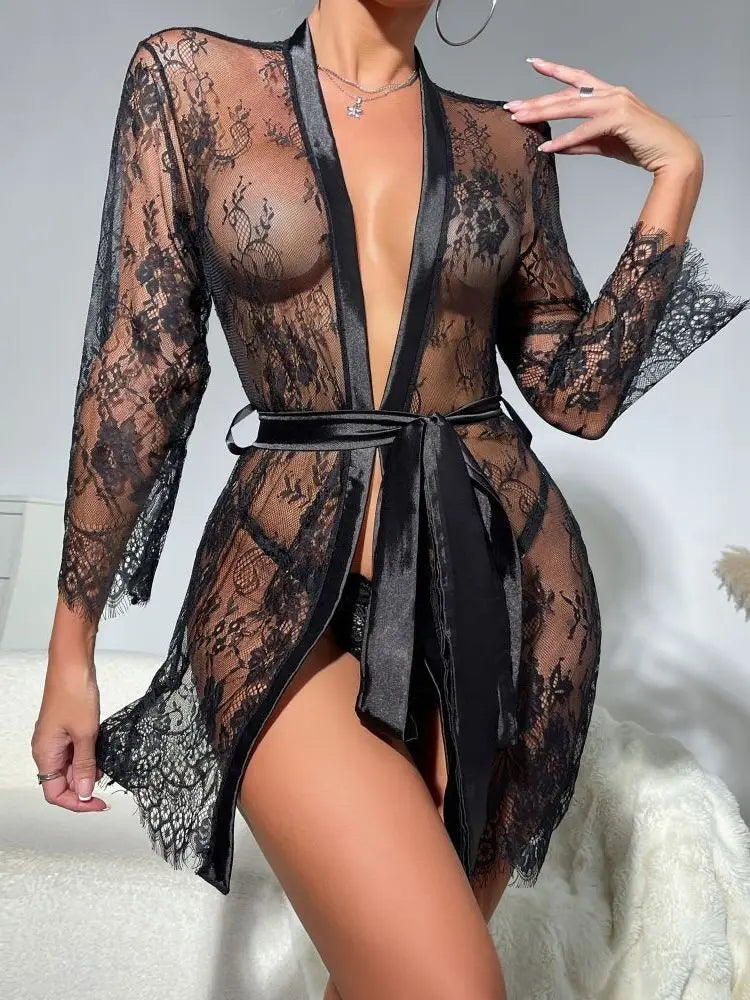 Sexy Temptation Sleepwear Lace Sleepwear Home Clothes Sleeprobe dress elegant mesh lace thin transparent sweet mini dress GX4Z