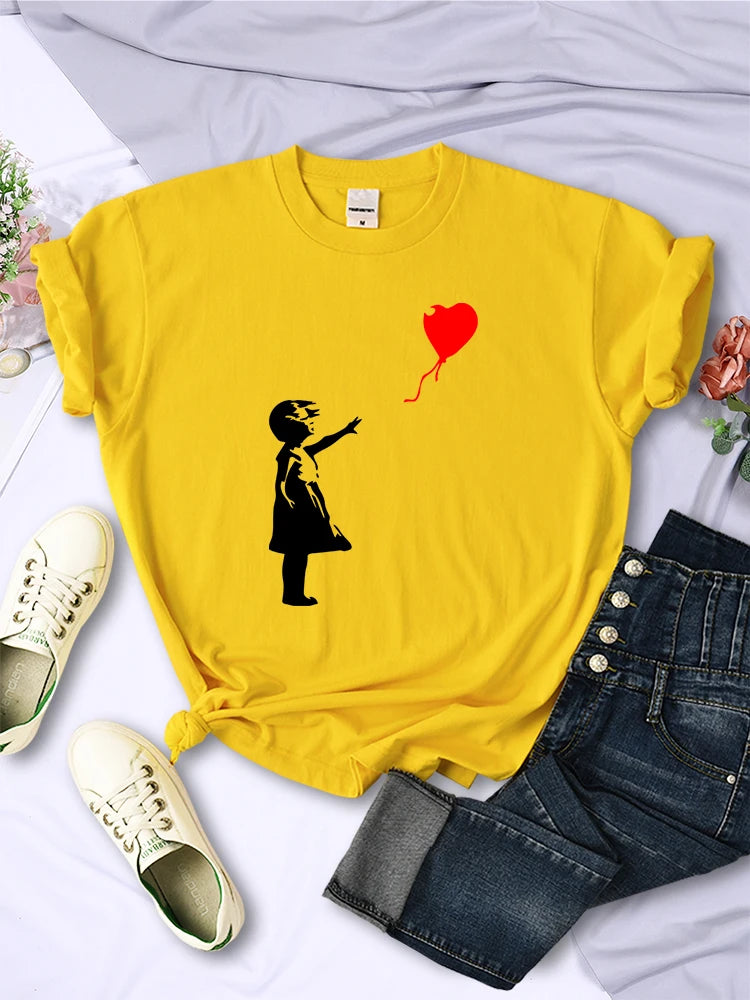 Let'S Fly Love Balloons Prints Womens T-Shirt Soft Breathable Short Sleeve Street Hip Hop Trend Tops Casual Female Tee Clothing