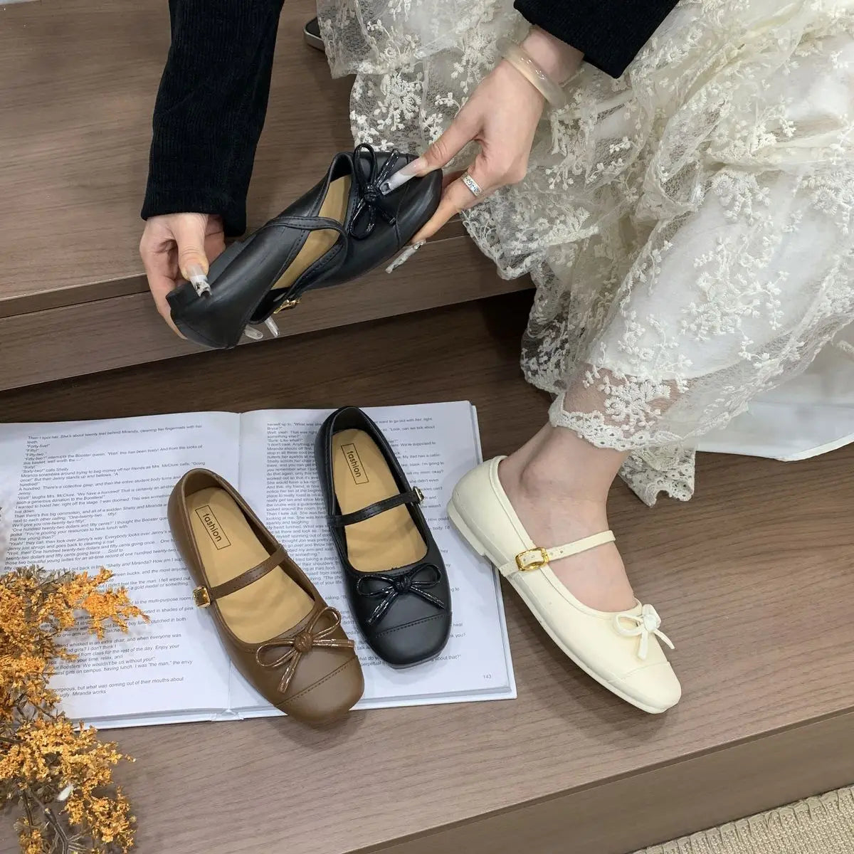 2026 New French Elegant Single Shoes Women Gentle Fairy Style Butterfly Knot Mary Janes Flat Bottom Shoes round Head PVC