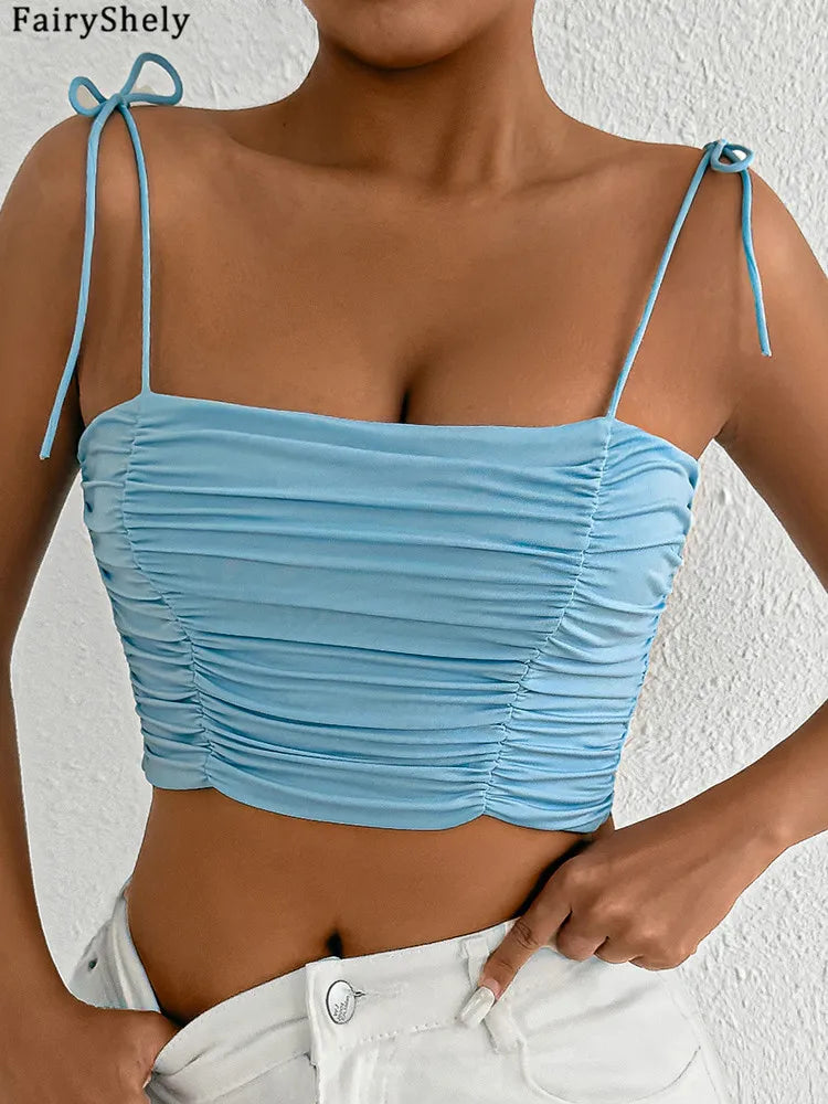 Fairyshely Sexy Female Summer Tied Strap Top 2025 Women Lace Sleeveless Bodycon Short Vest Lady Blue Off Shoulder Clud Crop Tops