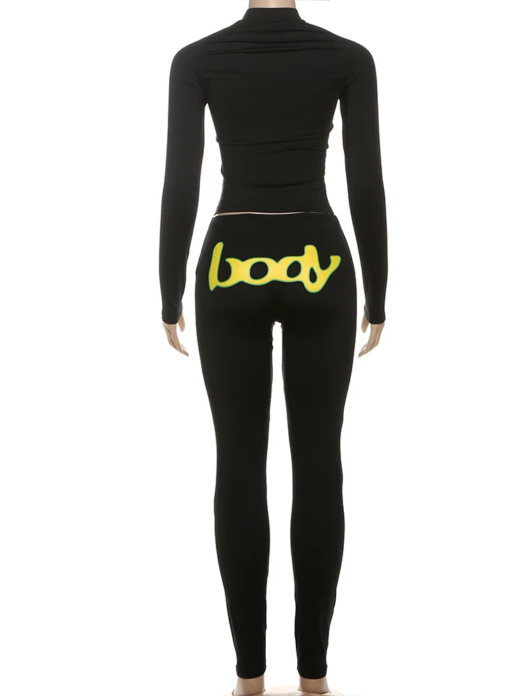 Weird Puss Casual Sporty Women2 Piece Set Letter Print Zip Crop Tops+Leggings Matching Street Stretch Skinny Streetwear Outfits
