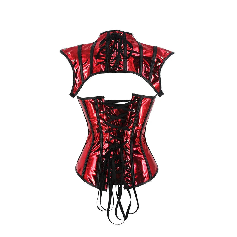 Faux Leather Corset Set Women's Steampunk Gothic Cosplay Game Armor Outfit Sexy Bustier Tops Nightclub Rave Costume
