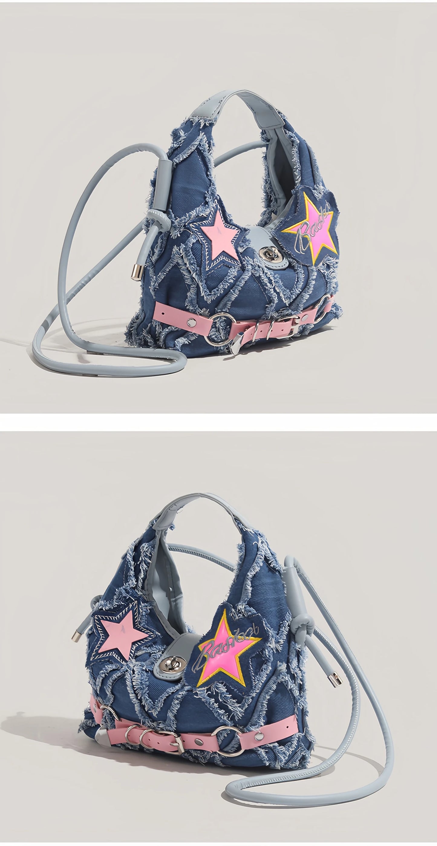 y2k Hot Girl style pink five-pointed star applied-designed fringed jeans crossbody bag A-DH