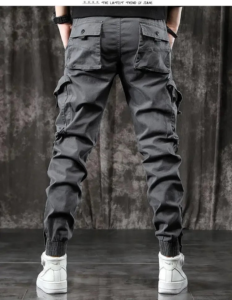 Trendy Men's Spring Autumn Cargo Pants Slim Fit Casual Style Loose Fit American Style Multiple Pocket Small Foot Pants Black