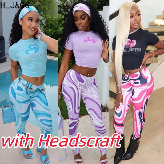 HLJ&GG Women Printed 2 Piece Set Short Sleeve Crop Top + High Waist Leggings With Matching Headband Y2K Casual Streetwear Outfit