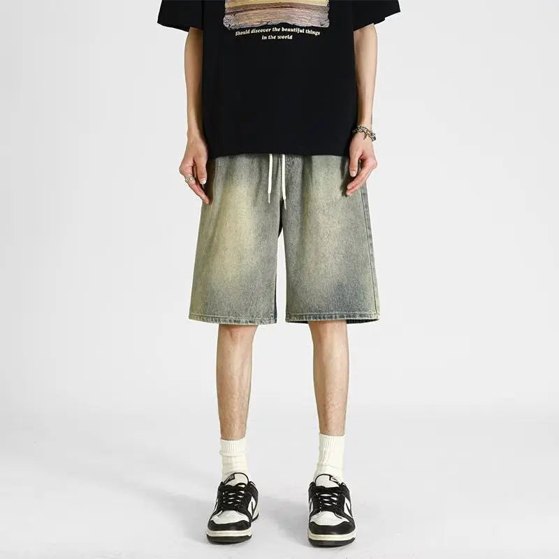 denim shorts, men's 2025 summer thin style retro loose American fashion brand casual five inch mid length pants