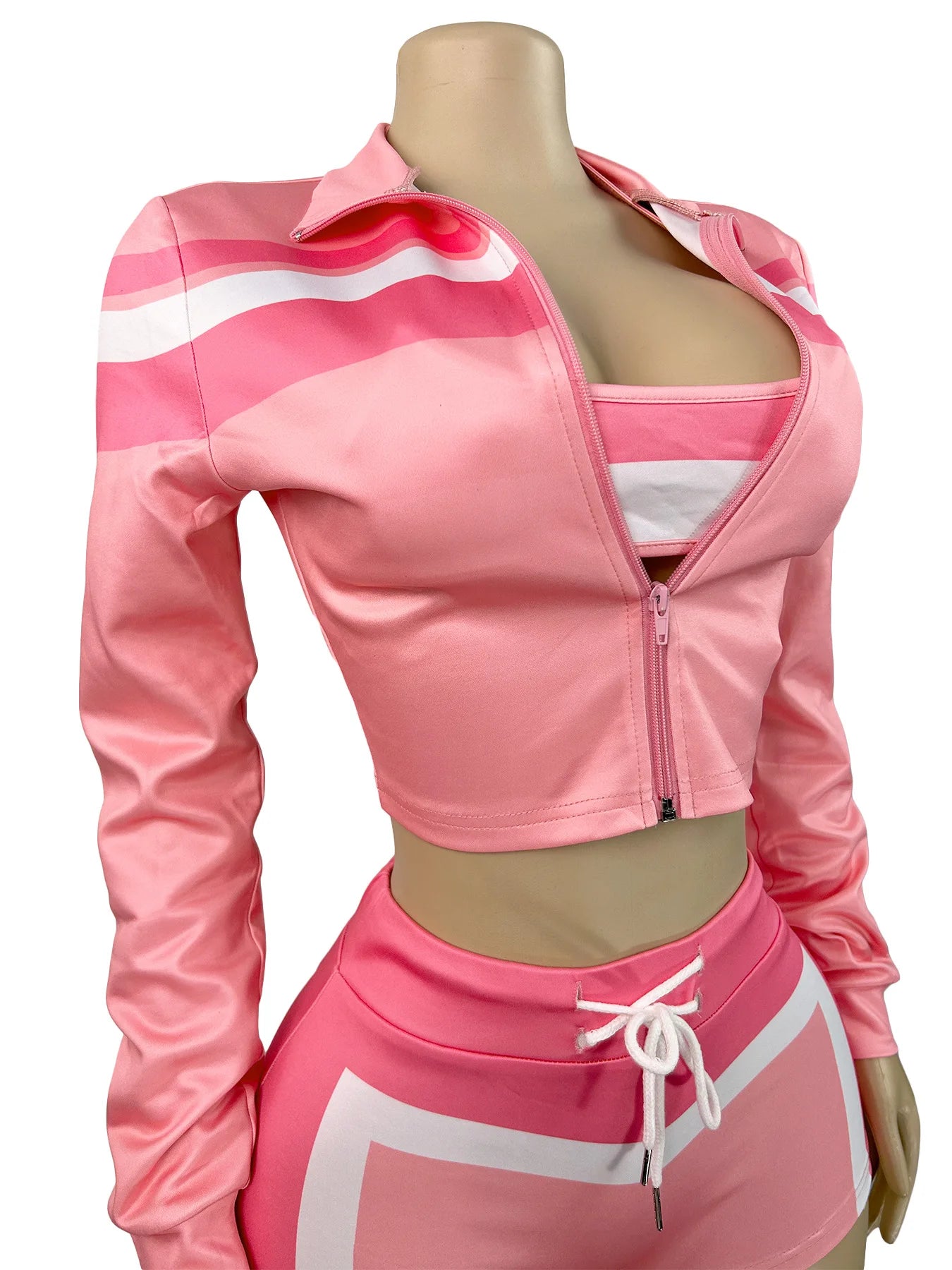 Kricesseen Hot Girls Zippers Printed Jacket Top And Shorts 3 Pieces Swimsuits Set Sports Bikini Monokini Surfing Suit Beachwear