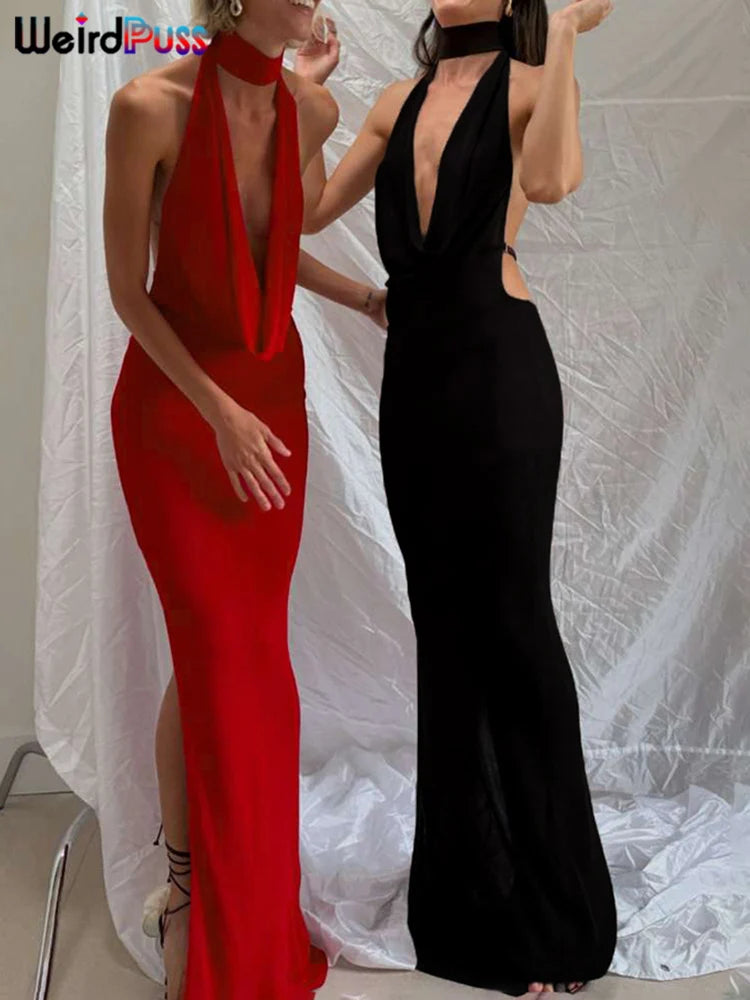 Hollow Halter Backless High Slit Long Bodycon Dress — Women's