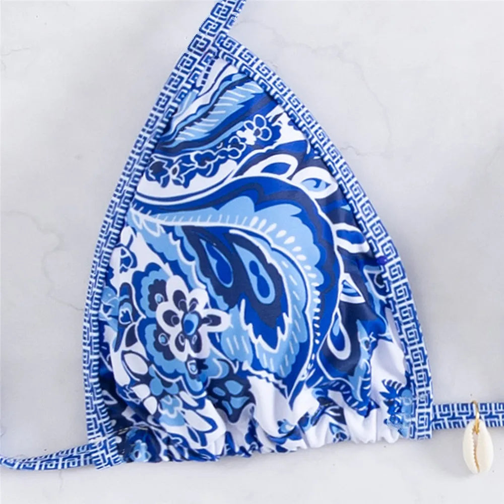 Vintage Blue Floral Print Swimwear Halter String Triangle 3 Piece Bikini Set Cover Ups Sexy Swimsuit Women 2026 Bikinis De Muejr