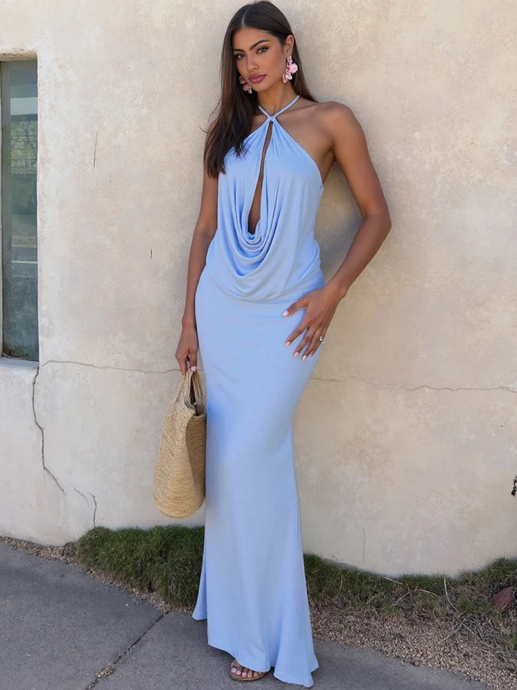 Weird Puss Sexy Backless Maxi Dress Women Halter Ruched Hollow Sleeveless Robe Vacation Fashion Beach Party Elegant Vestidos