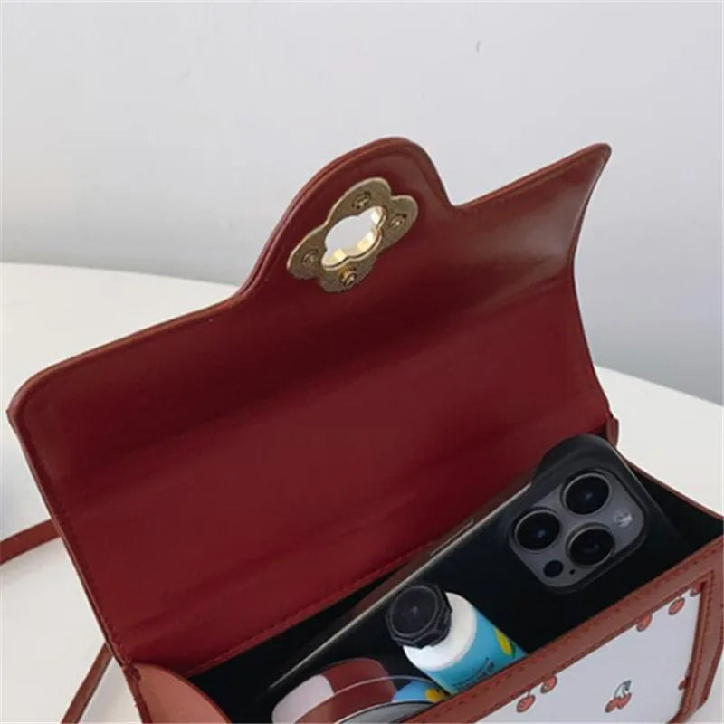 Cute Cherry Printed Handbag Shoulder Bag, Woven Handle Square Tote Bag, Fresh Design Women's Crossbody Bag, Stylish Women Bag