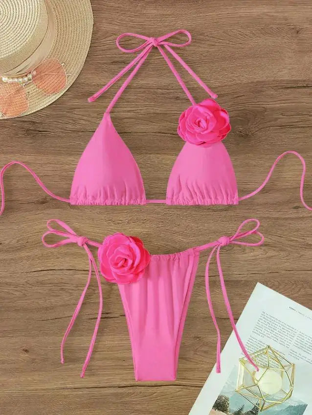 S - L Sexy 3D Flowers Halter Strappy Bikini, Swimwear Swimsuit Two-pieces Bikini Set Bather Bathing Suit Swim