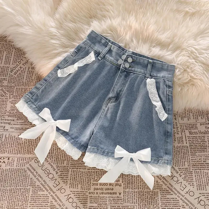 Japanese Preppy Style Bow Lace Patchwork Y2k Shorts Women Summer Straight Hotsweet High Waist jeans Short Pants Ruched