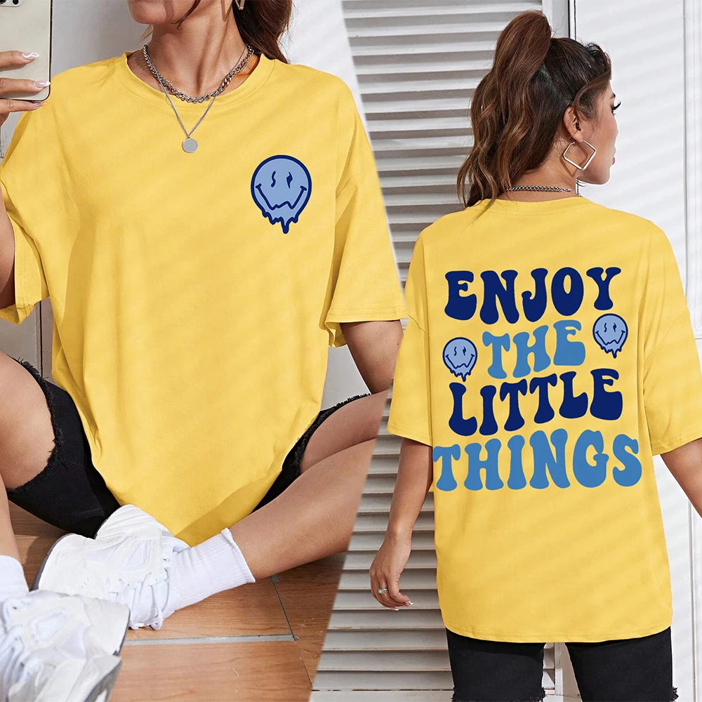 Enjoy The Little Things  Slogan Letter Printed Women T-Shirts Loose Oversized Clothing Personality Street Casual Short Sleeves