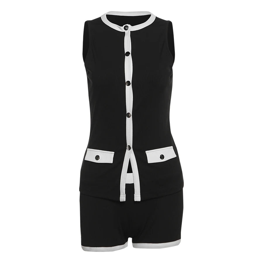 Weird Puss Ribbed Patchwork 2 Piece Set Women Single-Breasted Sleeveless Tops+Stretch Shorts Daily Casual Trend Classic Outfits