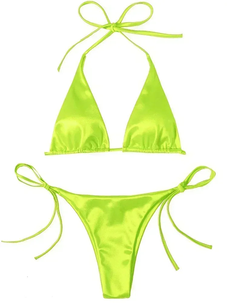 Halter Brazilian Metallic Satin Bikini  Swimwear, Swimsuit Two-pieces Bikini Set High Cut Bathing Suit Swim Beachwear