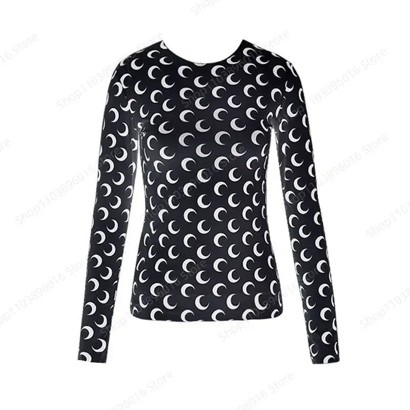 Moon Printed Tshirt Graphic Top for Women Stretchy Slim Korean Fall Spring Long Sleeve Tees Y2k Grunge T-Shirt 2000s Clothes