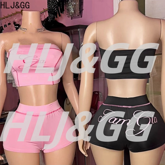 HLJ&GG Y2K Sexy Letter Print Two Piece Sets Women Off Shoulder Backless Slim Crop Top And Shorts Outfits Fashion 2pcs Streetwear