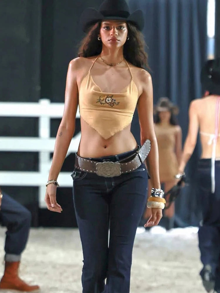 Weird Puss Flower Print Camisole Women Y2K Irregular Backless Halter Simple Classic Summer Sexy Wild Midnight Street Tank Tops