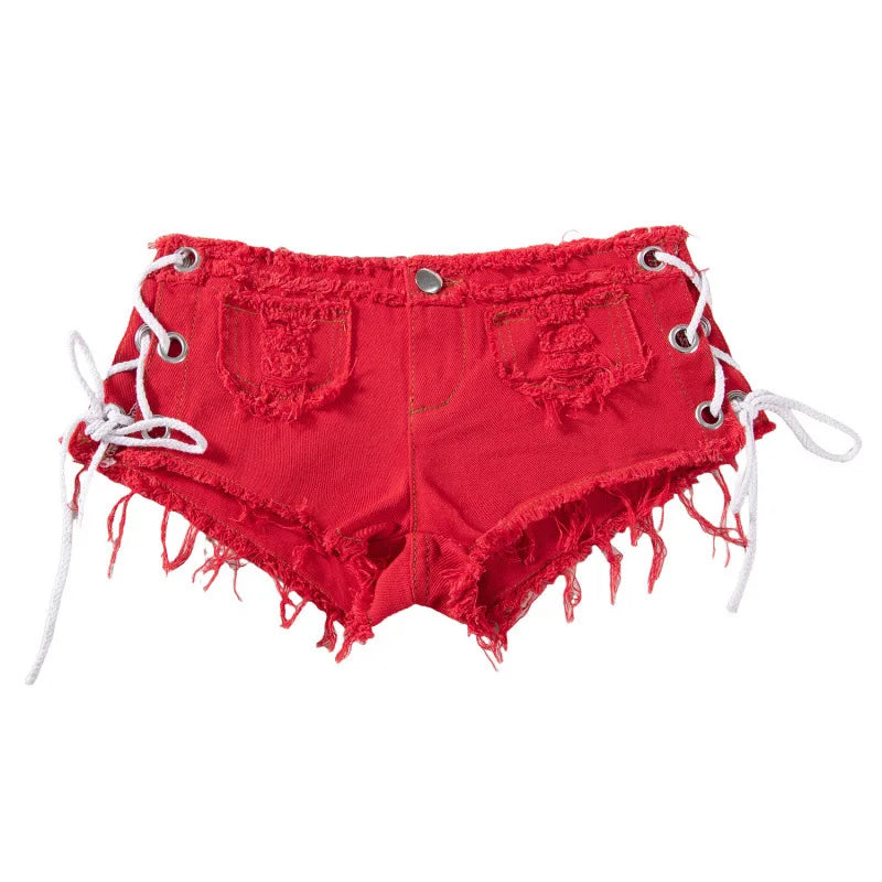 Women's Y2K Low Rise Denim Micro Shorts Lace-Up Side Frayed Booty Shorts for Rave Party Nightclub