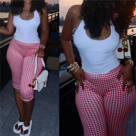 HLJ&GG Summer New Halter Tank Top Two Piece Sets Women Backless Slim Vest And Plaid Print Shorts Outfits Fashion 2pcs Streetwear