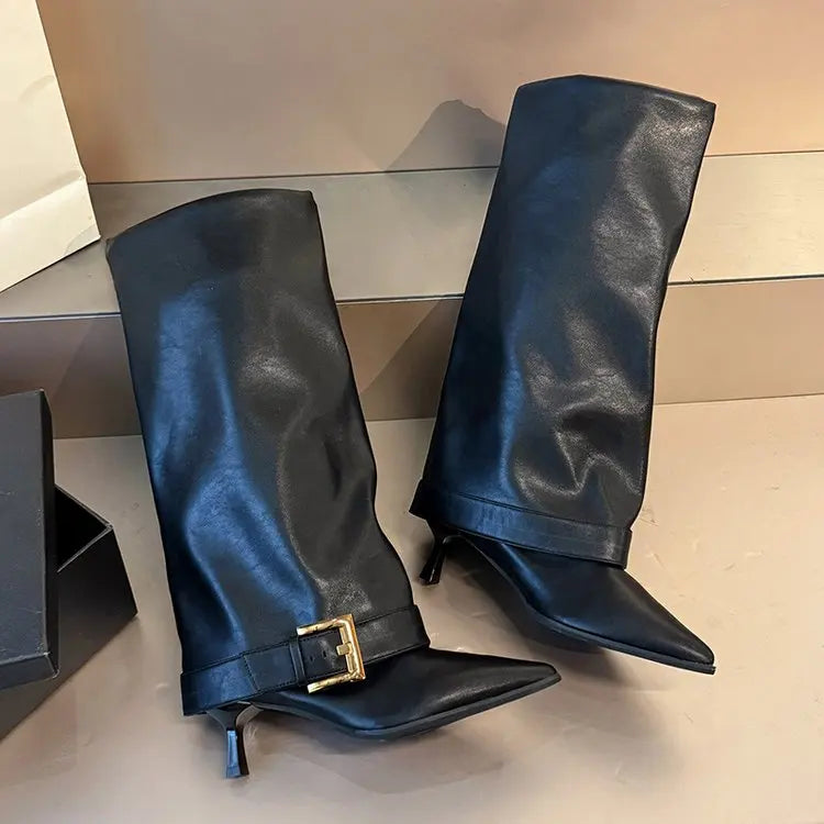 Trouser Leaf Boots Women's Fall/Winter 2025 New Knee-Free Pointed Toe Stiletto Heel High-Heeled Thigh Boots