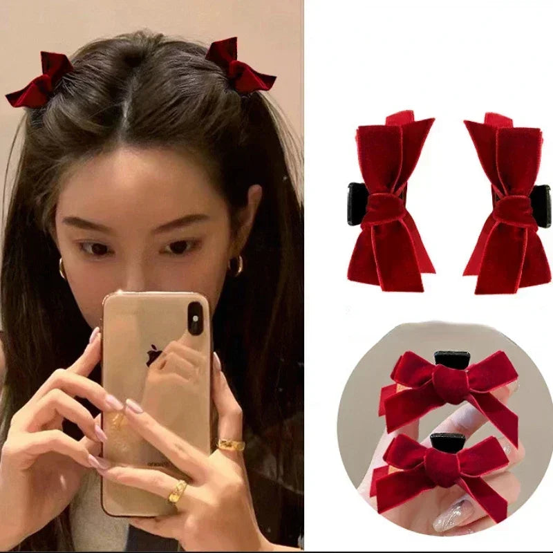 Korean 1/2pcs Sweet Black Red Bow Small Hair Claw Clip Princess Velvet Bow Hair Clip Claw Clamp Headwear Girls Women