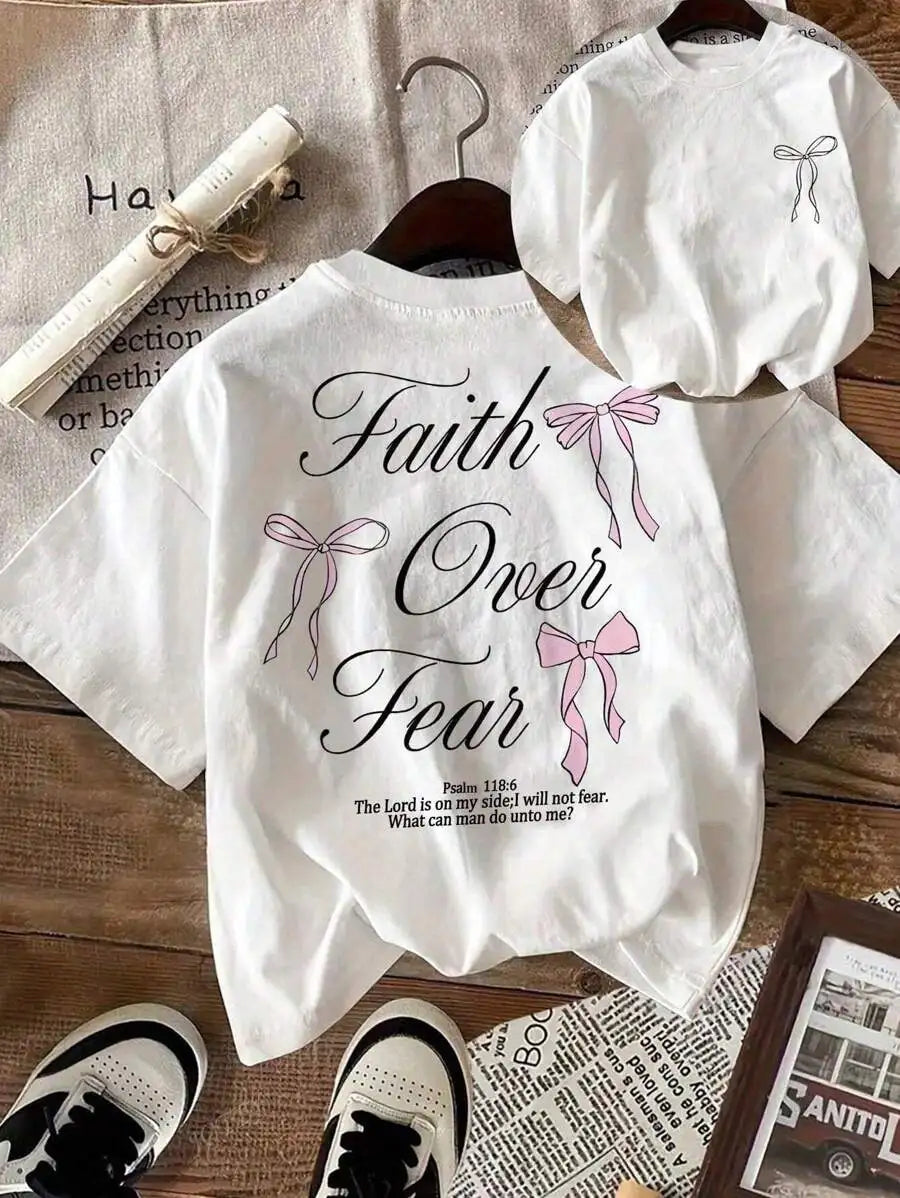 Pink Bow Faith Over Fear Printed Women Tee Shirts All-Match Cotton T-Shirt Casual O-Neck Clothes Hip Hop Y2K Short Sleeve