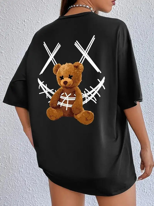 A Stuffed Bear Bound With A Bandage Print T-Shirts Female Casual Soft Tops Fashion Cool Tee Clothes Street Summer Short Sleeves